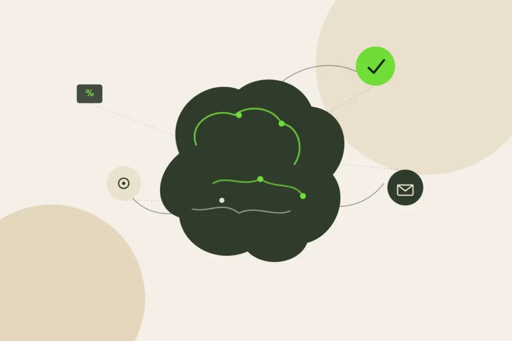 Ilustración de neuromarketing: mente conectada a puntos de decisión de compra
